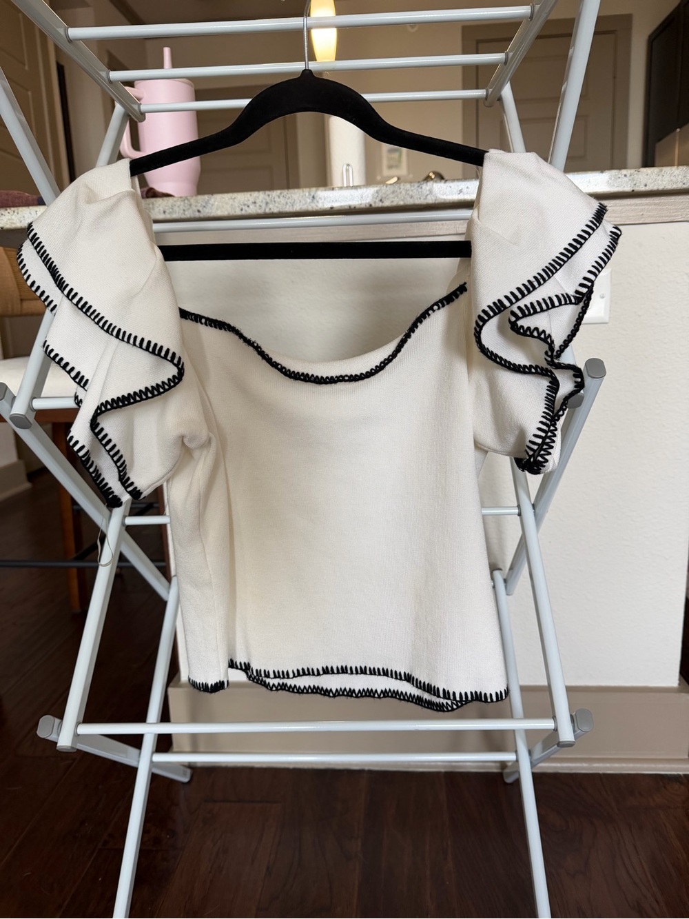 Women's Cream Square-Neck Top with Black Trim
